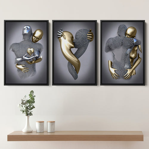 3D Effect Art - Love Heart, Kissing, Hugging Black & Gold Set of 3 Piece Framed Canvas Prints Wall Art Decor