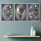 3D Effect Art - Love Heart, Kissing, Hugging Black & Gold Set of 3 Piece Framed Canvas Prints Wall Art Decor