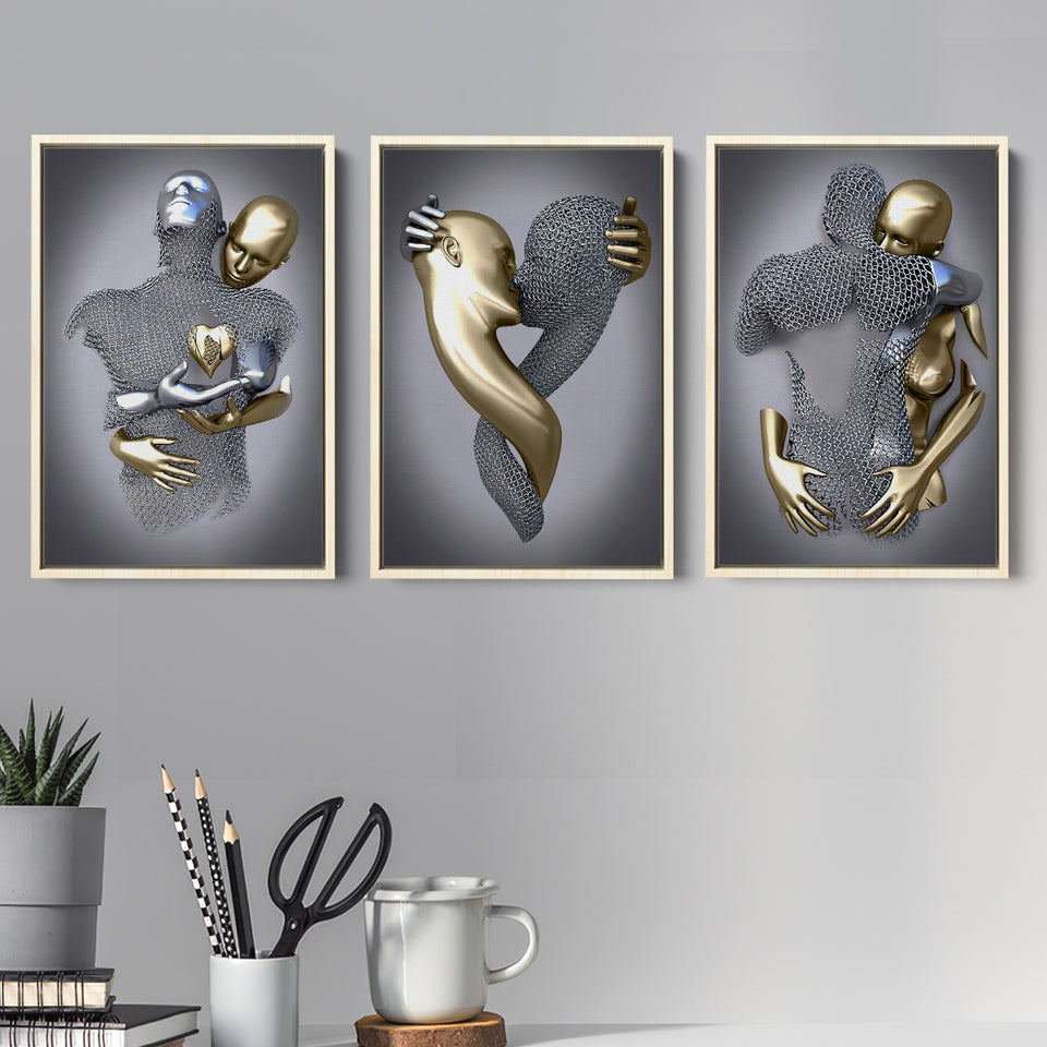 3D Effect Art - Love Heart, Kissing, Hugging Black & Gold Set of 3 Piece Framed Canvas Prints Wall Art Decor