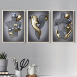 3D Effect Art - Love Heart, Kissing, Hugging Black & Gold Set of 3 Piece Framed Canvas Prints Wall Art Decor