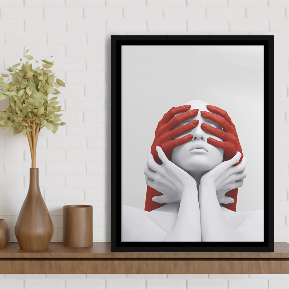 3D Effect Art Abstract White Woman Blindfolded By Red Hands V1 Framed Canvas Prints Wall Art Decor - Painting Canvas, Painting Prints
