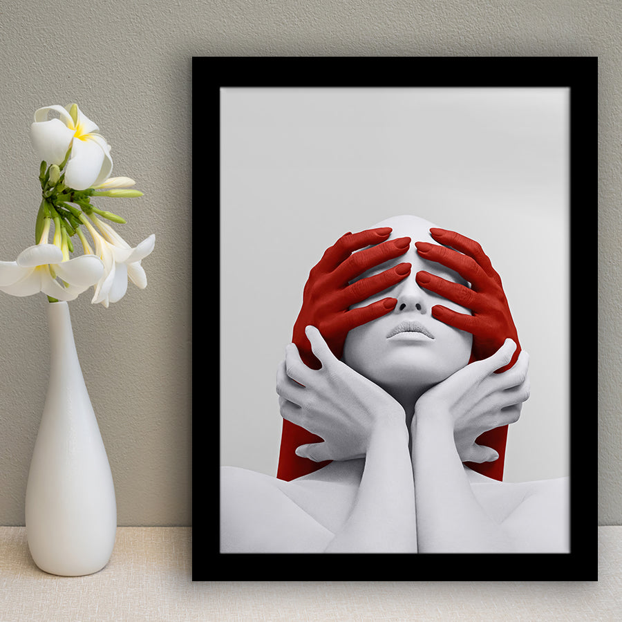 3D Effect Art Abstract White Woman Blindfolded By Red Hands V1 Framed Art Prints Wall Decor - Painting Prints,Wall Decor, Framed Picture