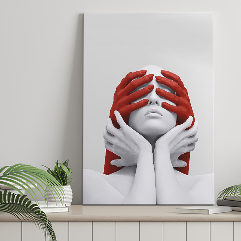 3D Effect Art Abstract White Woman Blindfolded By Red Hands V1 Canvas Prints Wall Art - Painting Canvas,Wall Decor, Painting Prints