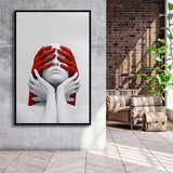 3D Effect Art Abstract White Woman Blindfolded By Red Hands V1 Framed Canvas Prints Wall Art Decor - Painting Canvas, Painting Prints