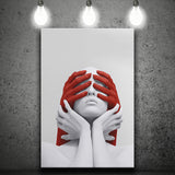 3D Effect Art Abstract White Woman Blindfolded By Red Hands V1 Canvas Prints Wall Art - Painting Canvas,Wall Decor, Painting Prints