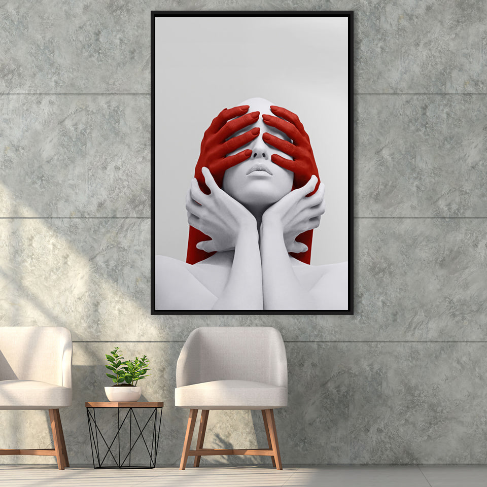 3D Effect Art Abstract White Woman Blindfolded By Red Hands V1 Framed Canvas Prints Wall Art Decor - Painting Canvas, Painting Prints