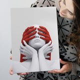 3D Effect Art Abstract White Woman Blindfolded By Red Hands V1 Canvas Prints Wall Art - Painting Canvas,Wall Decor, Painting Prints