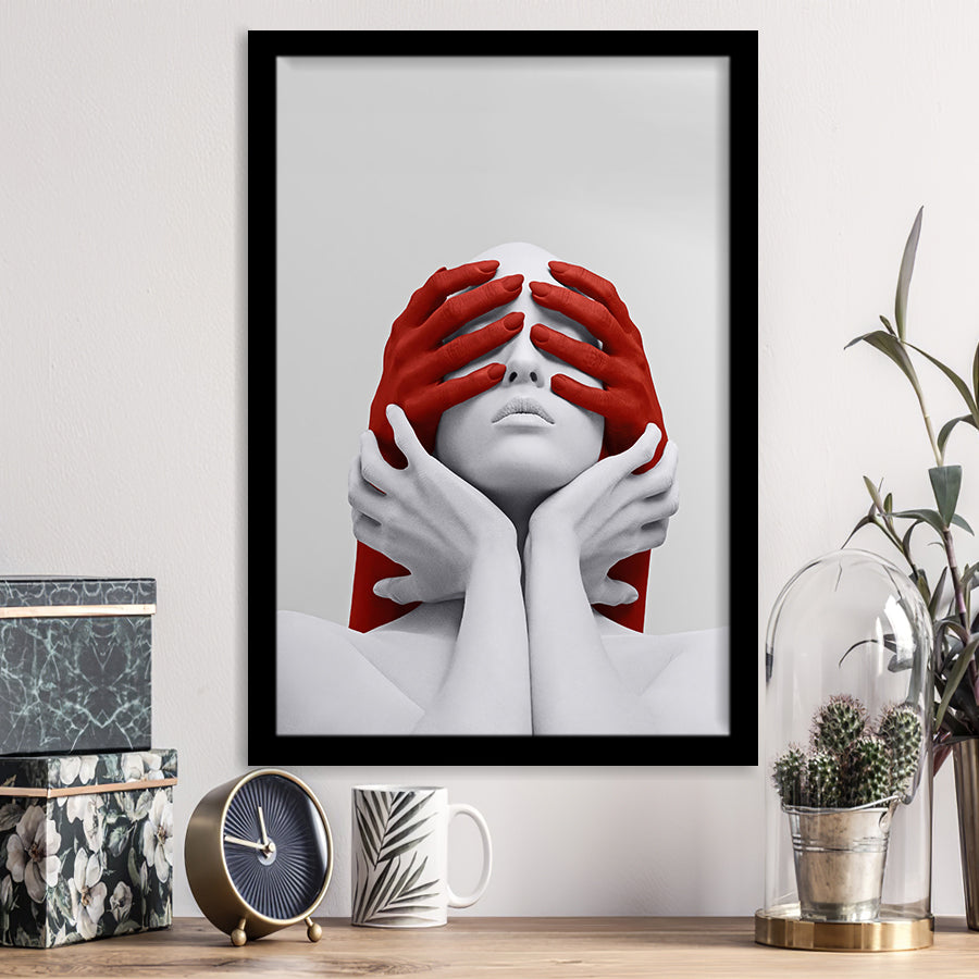 3D Effect Art Abstract White Woman Blindfolded By Red Hands V1 Framed Art Prints Wall Decor - Painting Prints,Wall Decor, Framed Picture