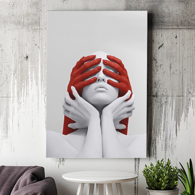 3D Effect Art Abstract White Woman Blindfolded By Red Hands V1 Canvas Prints Wall Art - Painting Canvas,Wall Decor, Painting Prints