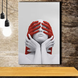 3D Effect Art Abstract White Woman Blindfolded By Red Hands V1 Canvas Prints Wall Art - Painting Canvas,Wall Decor, Painting Prints