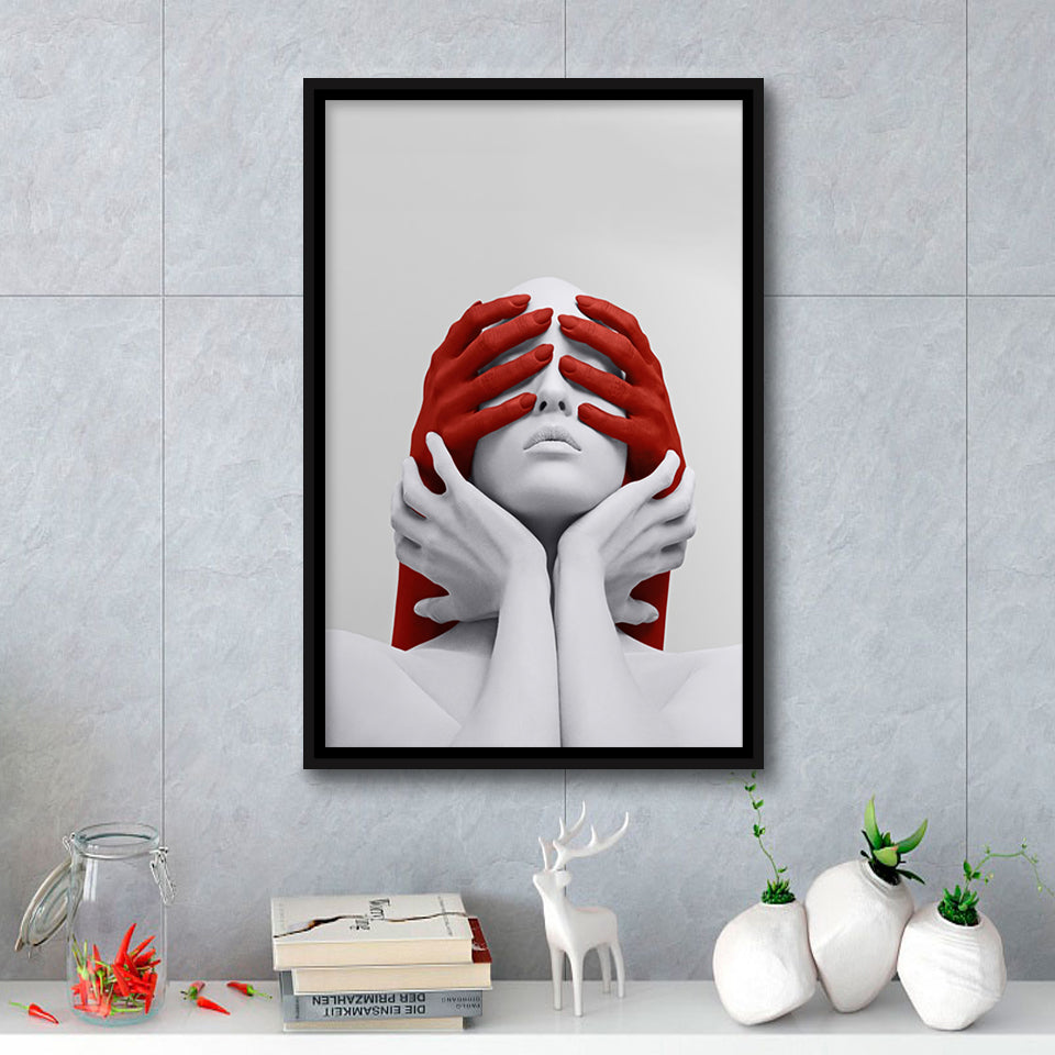 3D Effect Art Abstract White Woman Blindfolded By Red Hands V1 Framed Canvas Prints Wall Art Decor - Painting Canvas, Painting Prints