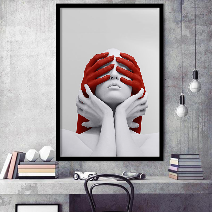 3D Effect Art Abstract White Woman Blindfolded By Red Hands V1 Framed Art Prints Wall Decor - Painting Prints,Wall Decor, Framed Picture