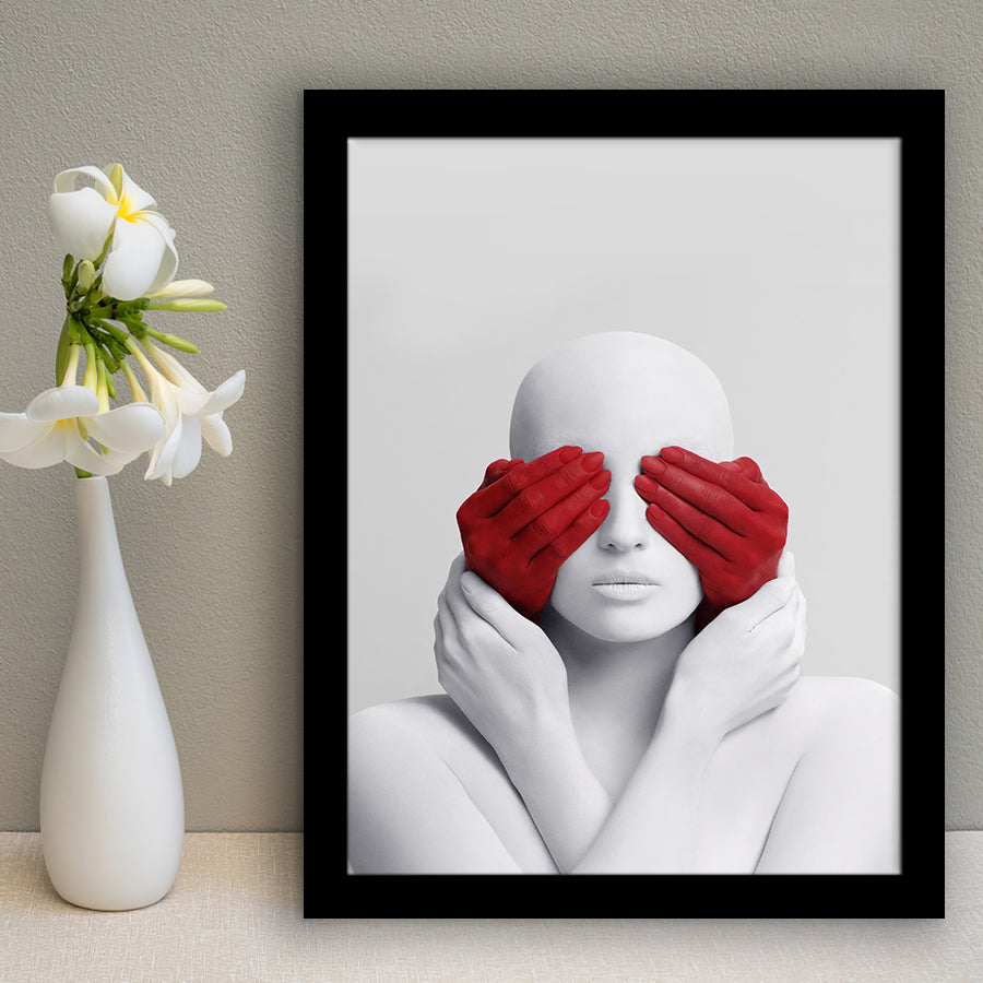 3D Effect Art Abstract White Woman Blindfolded By Red Hands Framed Art Prints Wall Decor - Painting Prints,Wall Decor, Framed Picture