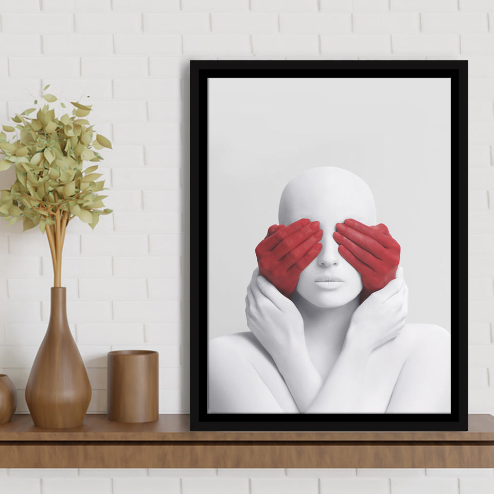 3D Effect Art Abstract White Woman Blindfolded By Red Hands Framed Canvas Prints Wall Art - Painting Canvas,Wall Decor, Painting Prints