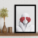 3D Effect Art Abstract White Woman Blindfolded By Red Hands Framed Canvas Prints Wall Art - Painting Canvas,Wall Decor, Painting Prints