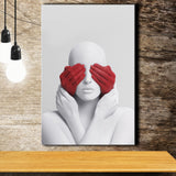 3D Effect Art Abstract White Woman Blindfolded By Red Hands Canvas Prints Wall Art - Painting Canvas,Wall Decor, Painting Prints