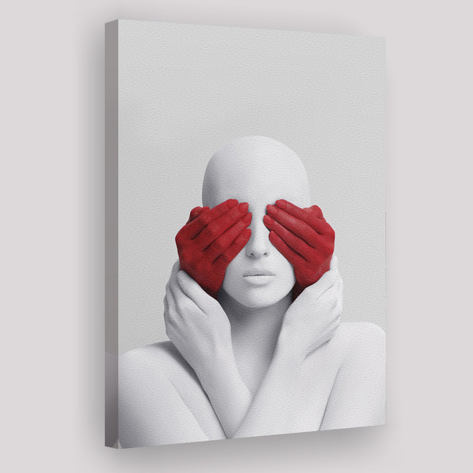 3D Effect Art Abstract White Woman Blindfolded By Red Hands Canvas Prints Wall Art - Painting Canvas,Wall Decor, Painting Prints