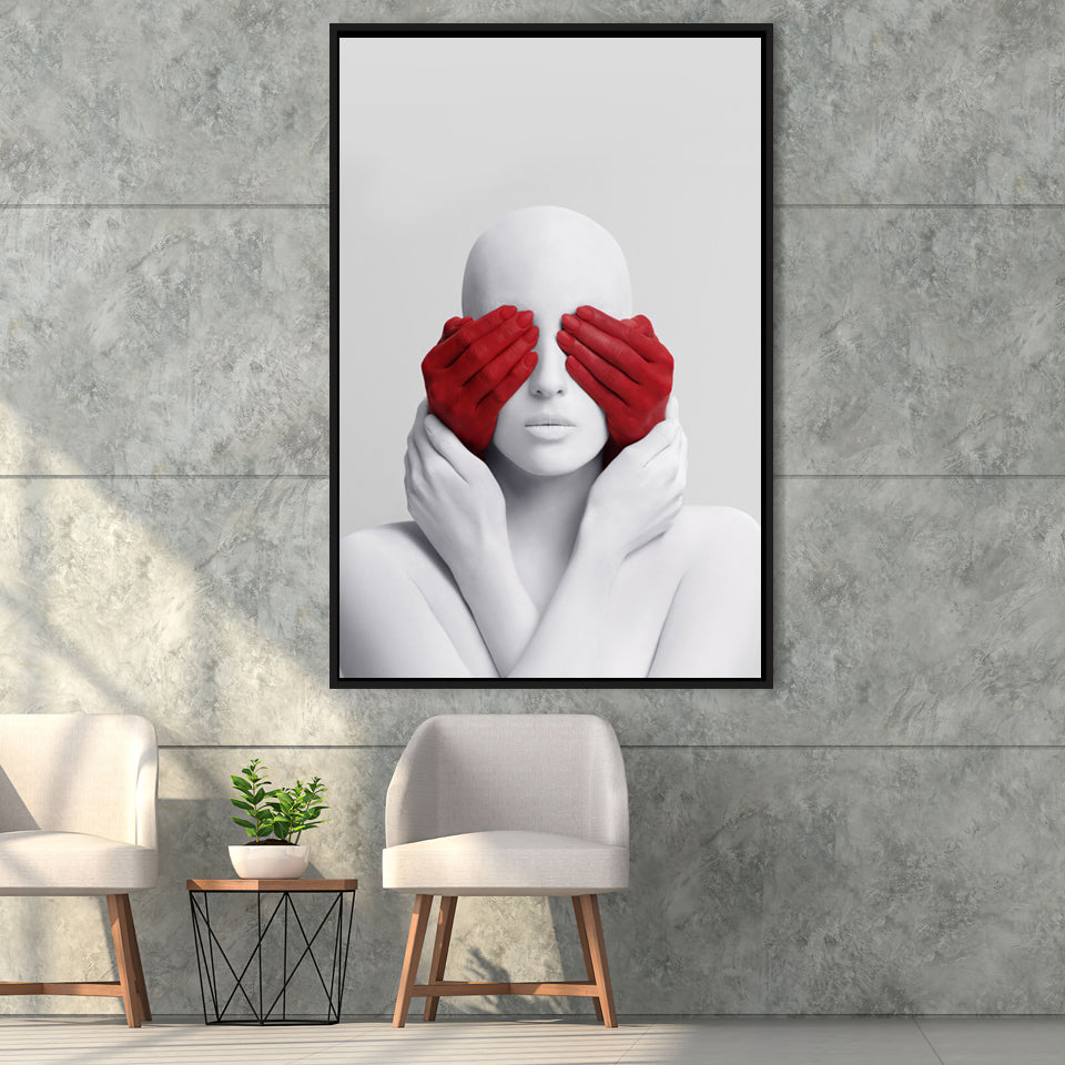 3D Effect Art Abstract White Woman Blindfolded By Red Hands Framed Canvas Prints Wall Art - Painting Canvas,Wall Decor, Painting Prints