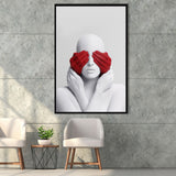 3D Effect Art Abstract White Woman Blindfolded By Red Hands Framed Canvas Prints Wall Art - Painting Canvas,Wall Decor, Painting Prints