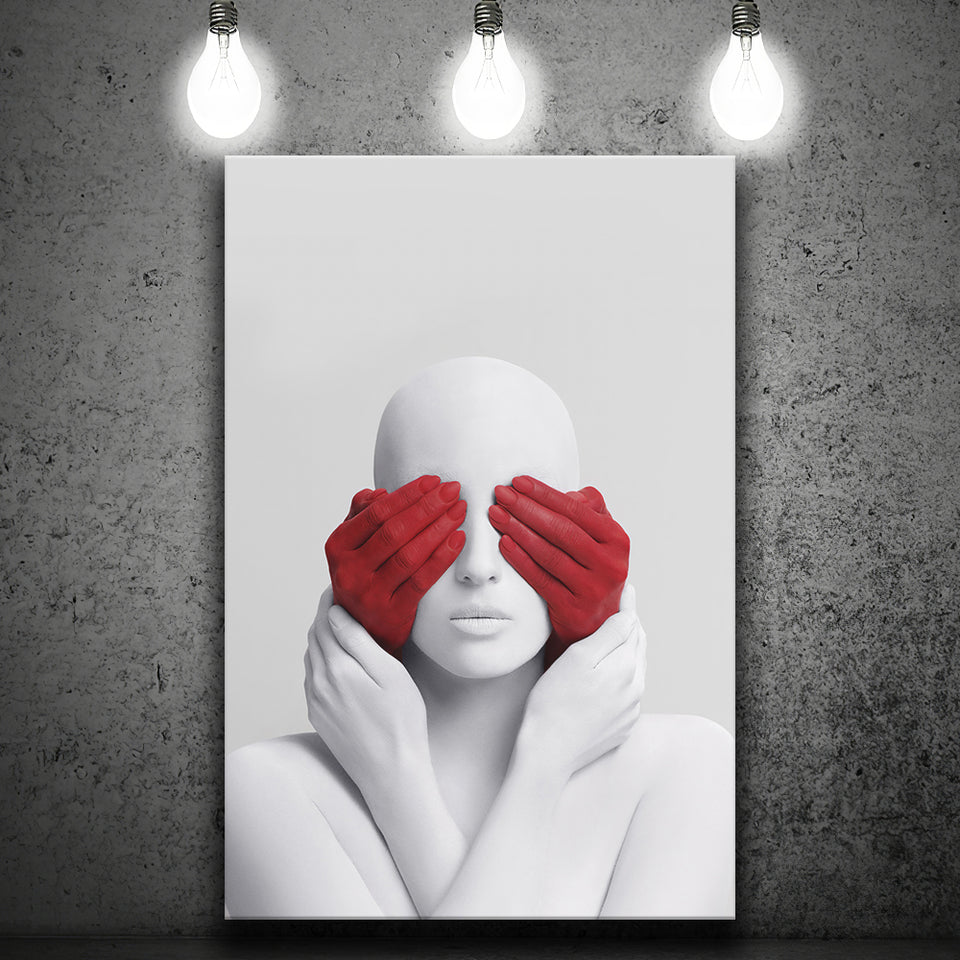 3D Effect Art Abstract White Woman Blindfolded By Red Hands Canvas Prints Wall Art - Painting Canvas,Wall Decor, Painting Prints