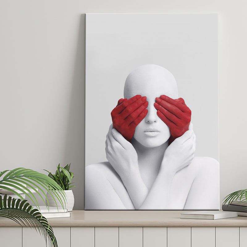 3D Effect Art Abstract White Woman Blindfolded By Red Hands Canvas Prints Wall Art - Painting Canvas,Wall Decor, Painting Prints