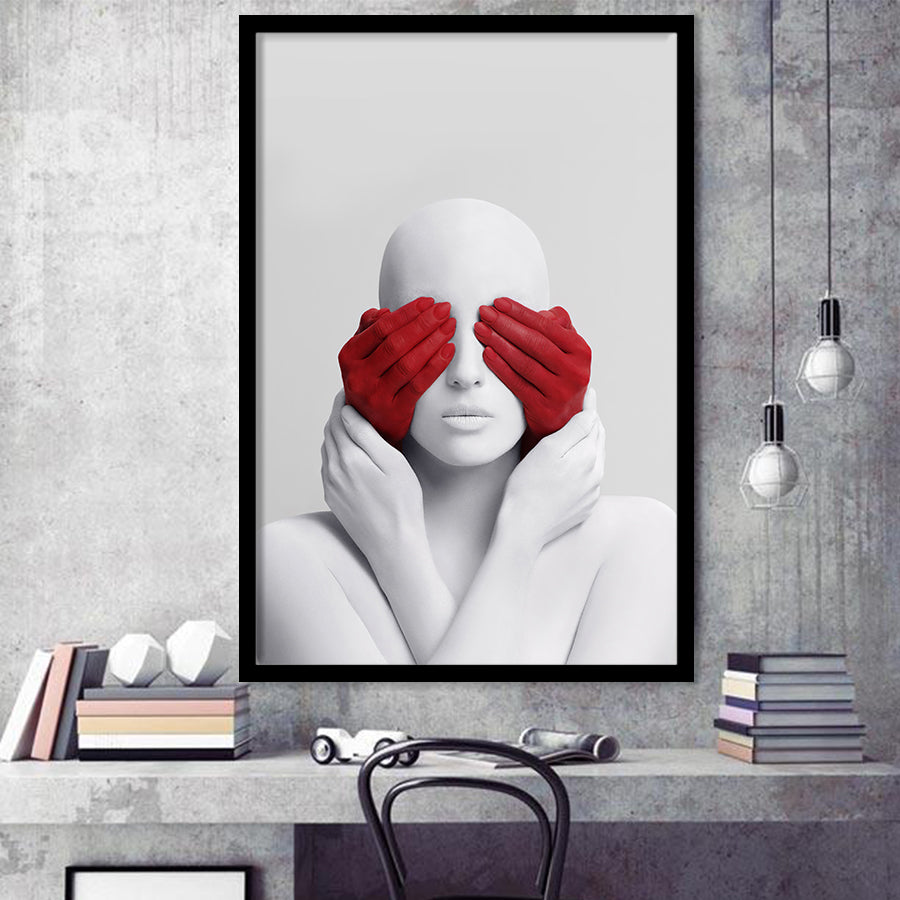 3D Effect Art Abstract White Woman Blindfolded By Red Hands Framed Art Prints Wall Decor - Painting Prints,Wall Decor, Framed Picture