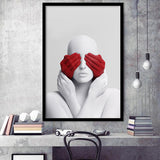 3D Effect Art Abstract White Woman Blindfolded By Red Hands Framed Art Prints Wall Decor - Painting Prints,Wall Decor, Framed Picture