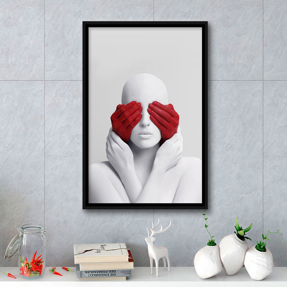 3D Effect Art Abstract White Woman Blindfolded By Red Hands Framed Canvas Prints Wall Art - Painting Canvas,Wall Decor, Painting Prints