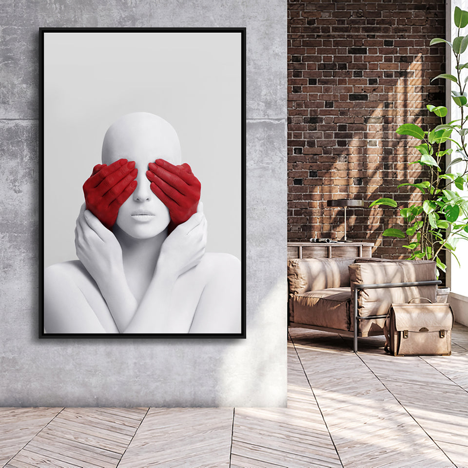 3D Effect Art Abstract White Woman Blindfolded By Red Hands Framed Canvas Prints Wall Art - Painting Canvas,Wall Decor, Painting Prints