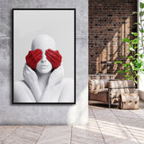 3D Effect Art Abstract White Woman Blindfolded By Red Hands Framed Canvas Prints Wall Art - Painting Canvas,Wall Decor, Painting Prints