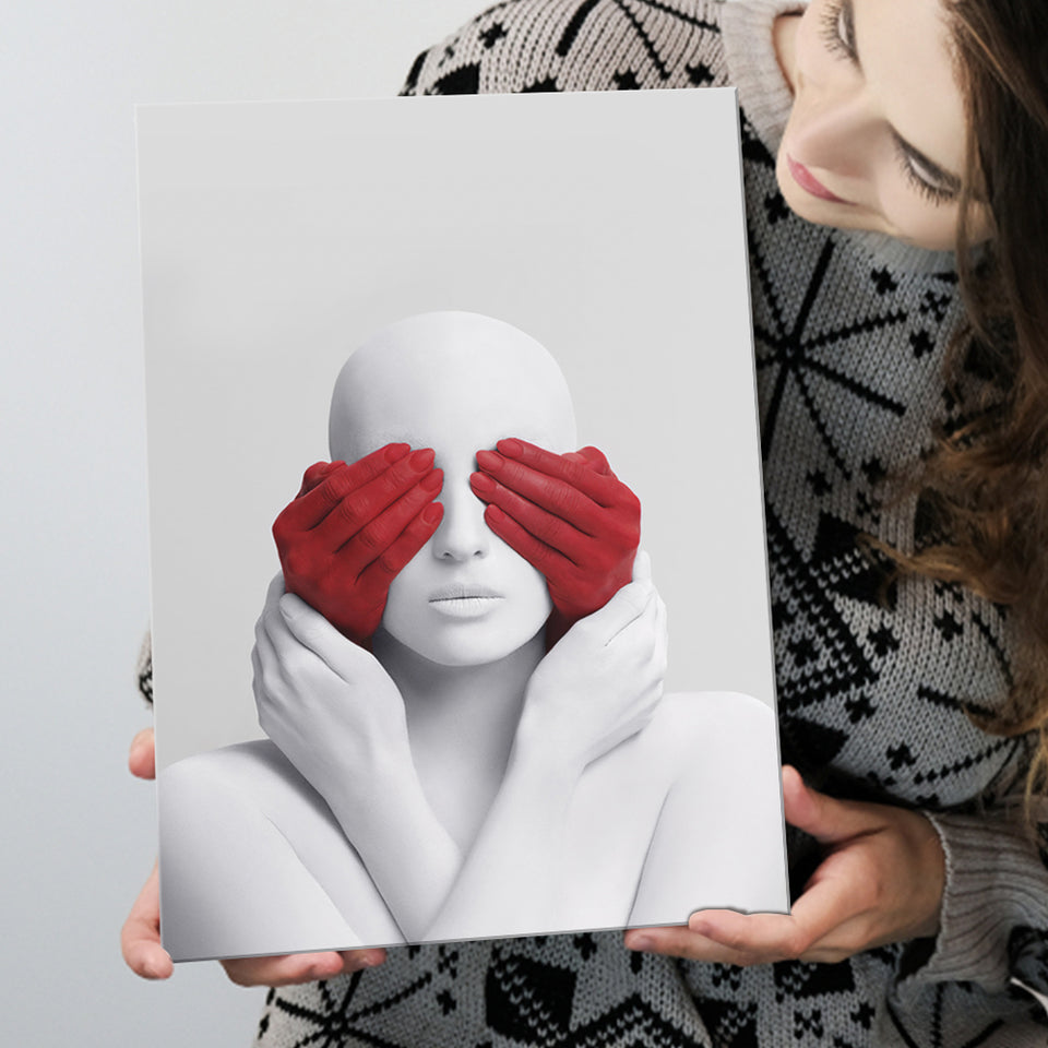 3D Effect Art Abstract White Woman Blindfolded By Red Hands Canvas Prints Wall Art - Painting Canvas,Wall Decor, Painting Prints