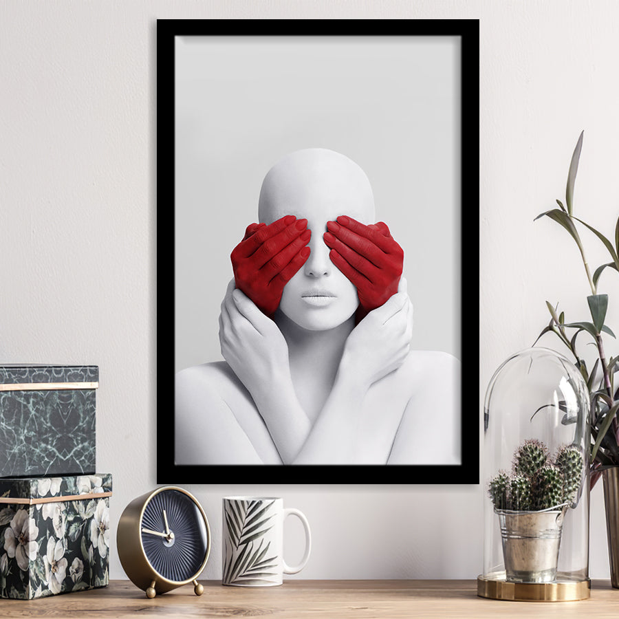 3D Effect Art Abstract White Woman Blindfolded By Red Hands Canvas Prints  Wall Art - Painting Canvas,Wall Decor, Painting Prints