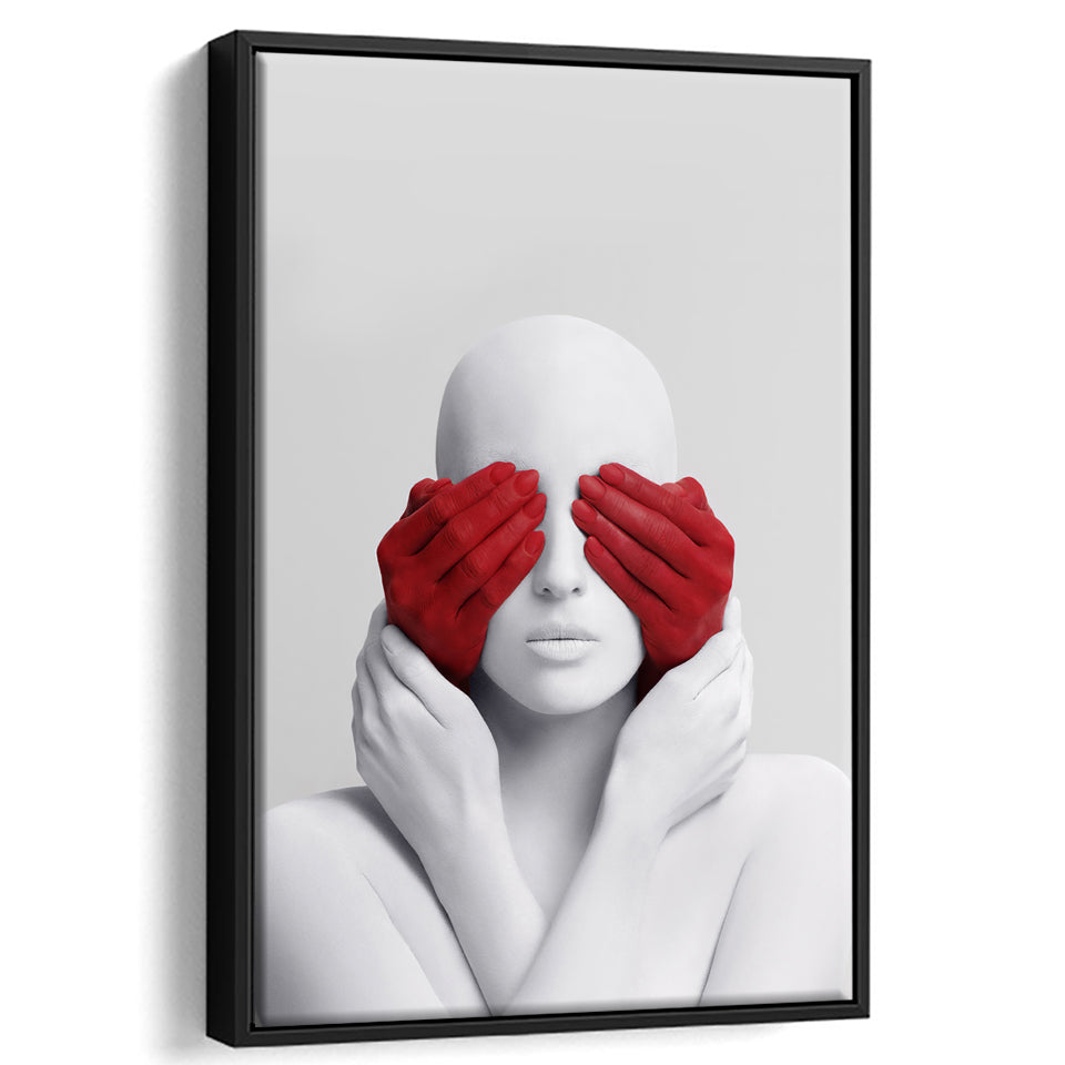 3D Effect Art Abstract White Woman Blindfolded By Red Hands Framed Canvas Prints Wall Art - Painting Canvas,Wall Decor, Painting Prints