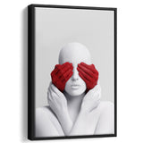 3D Effect Art Abstract White Woman Blindfolded By Red Hands Framed Canvas Prints Wall Art - Painting Canvas,Wall Decor, Painting Prints