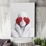 3D Effect Art Abstract White Woman Blindfolded By Red Hands Canvas Prints Wall Art - Painting Canvas,Wall Decor, Painting Prints