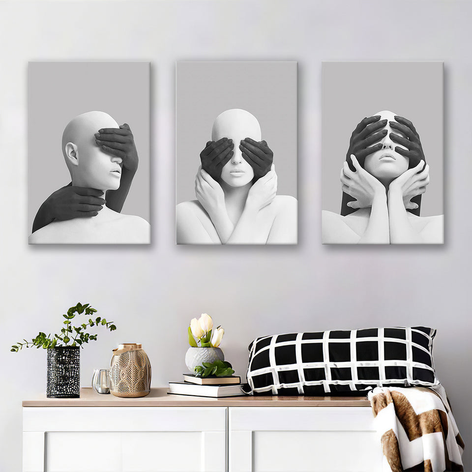 3D Effect Abstract White Woman Blindfolded By Black Hands V1 Set of 3 Piece Canvas Prints Wall Art Decor