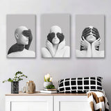 3D Effect Abstract White Woman Blindfolded By Black Hands V1 Set of 3 Piece Canvas Prints Wall Art Decor