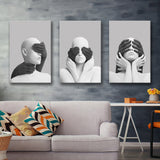 3D Effect Abstract White Woman Blindfolded By Black Hands V1 Set of 3 Piece Canvas Prints Wall Art Decor