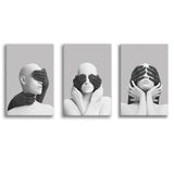 3D Effect Abstract White Woman Blindfolded By Black Hands V1 Set of 3 Piece Canvas Prints Wall Art Decor