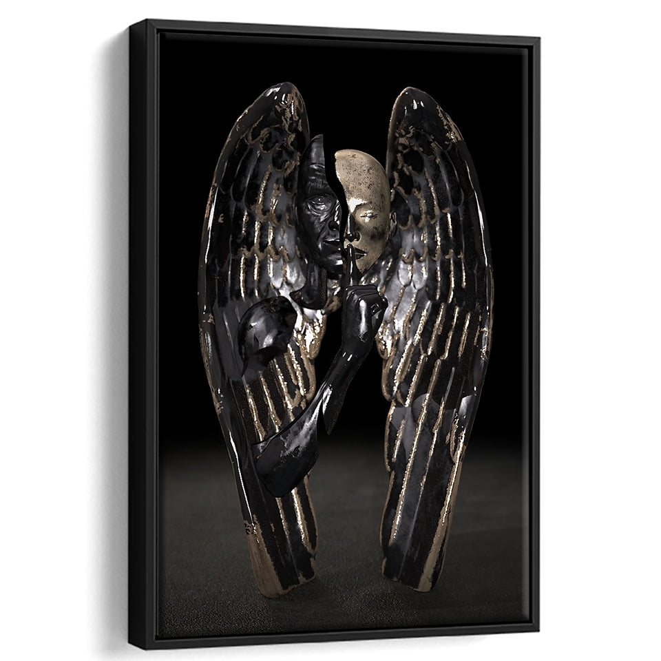 3D Effect Art Angel Black Bronze With Golden Patina Framed Canvas Prints Wall Art - Painting Canvas, Floating Frame, Painting Prints