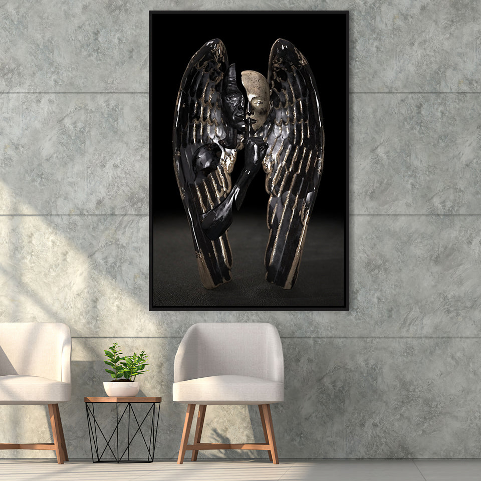3D Effect Art Angel Black Bronze With Golden Patina Framed Canvas Prints Wall Art - Painting Canvas, Floating Frame, Painting Prints