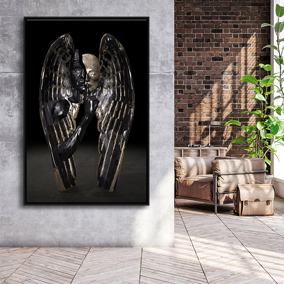 3D Effect Art Angel Black Bronze With Golden Patina Framed Canvas Prints Wall Art - Painting Canvas, Floating Frame, Painting Prints