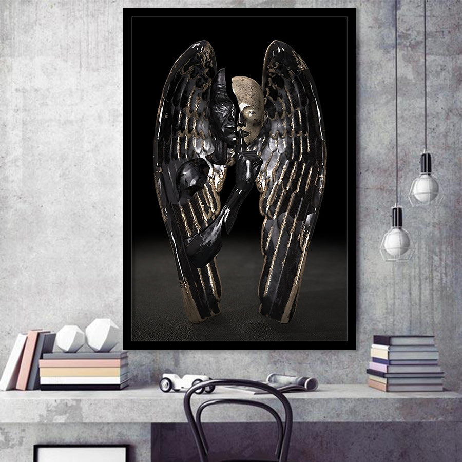 3D Effect Art Angel Black Bronze With Golden Patina Framed Art Prints Wall Decor - Painting Prints, Wall Art, Framed Picture, For Sale