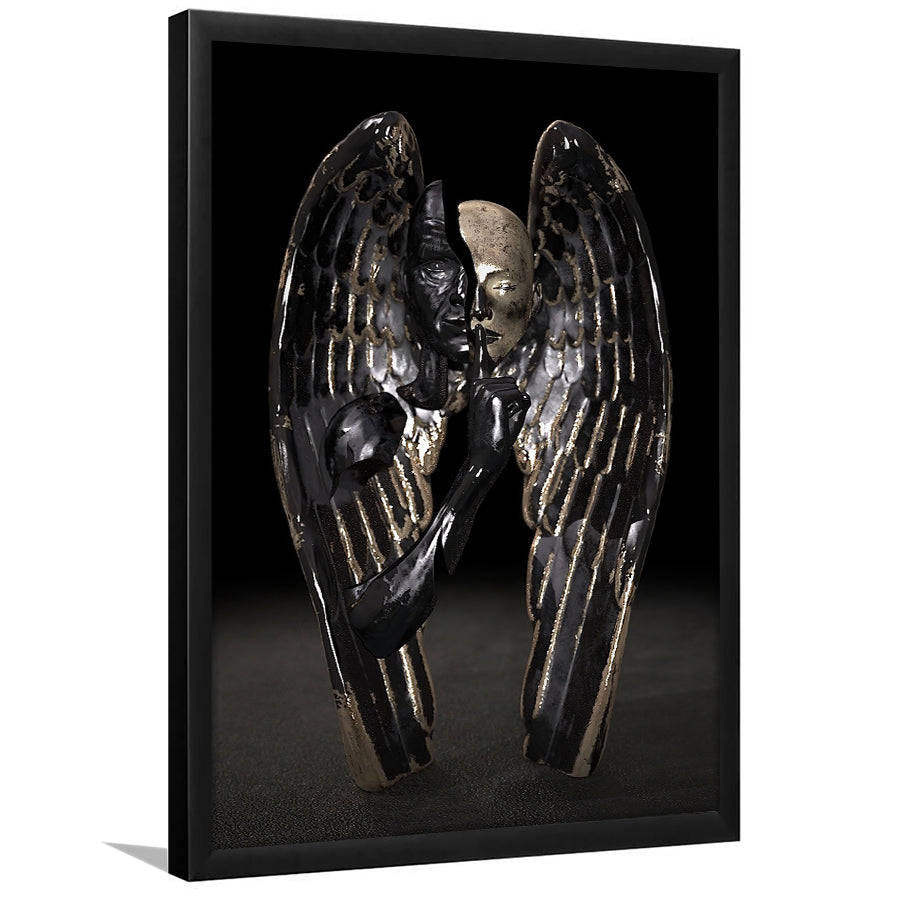3D Effect Art Angel Black Bronze With Golden Patina Framed Art Prints Wall Decor - Painting Prints, Wall Art, Framed Picture, For Sale