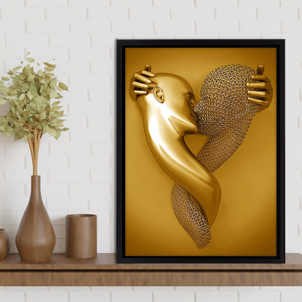 3D Effect Art Kiss Gold Color Frame Canvas Prints Wall Art - Painting Canvas, Framed Picture,Canvas Art, Wall Decor,Prints for Sale