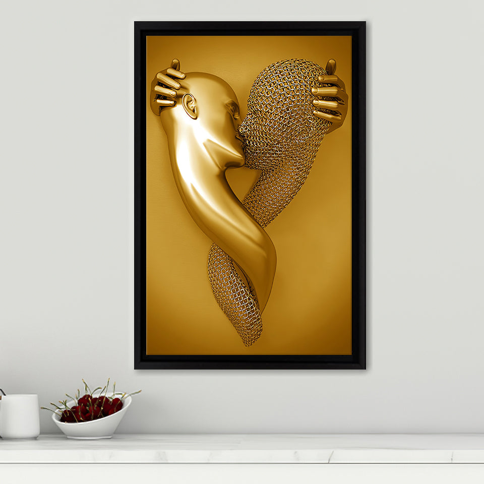3D Effect Art Kiss Gold Color Frame Canvas Prints Wall Art - Painting Canvas, Framed Picture,Canvas Art, Wall Decor,Prints for Sale