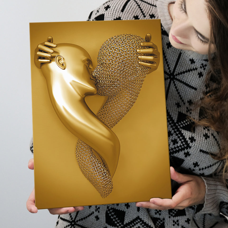 3D Effect Art Kiss Gold Color Canvas Prints Wall Art - Painting Canvas, Painting Prints,Canvas Art, Wall Decor, Home Decor, Prints for Sale