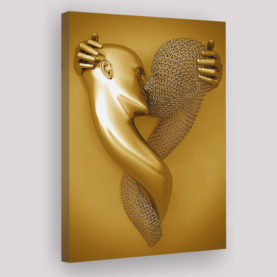 3D Effect Art Kiss Gold Color Canvas Prints Wall Art - Painting Canvas, Painting Prints,Canvas Art, Wall Decor, Home Decor, Prints for Sale