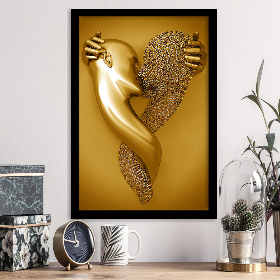 3D Effect Art Kiss Gold Color Framed Art Prints Wall Decor - Painting Prints, Framed Picture, Wall Arrt, Home Decor, Prints for Sale