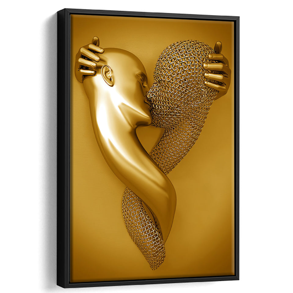 3D Effect Art Kiss Gold Color Frame Canvas Prints Wall Art - Painting Canvas, Framed Picture,Canvas Art, Wall Decor,Prints for Sale
